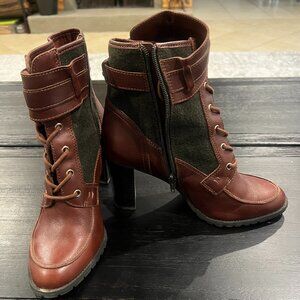 Antonio Melani Brown Leather Ankle Boots 9 Heels Green Textile Buckle Trim